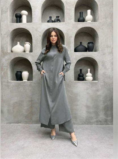 Clothing Multi Button Long Sleeve Split Stand Collar Shirt Straight Pants Two Piece Set