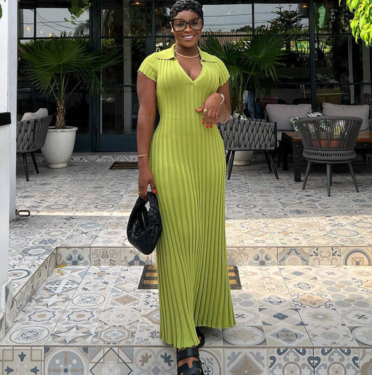 Spring Summer Knitted Dress Waist Tight Collared V Neck Sunken Stripe Slimming Knitted Maxi Dress