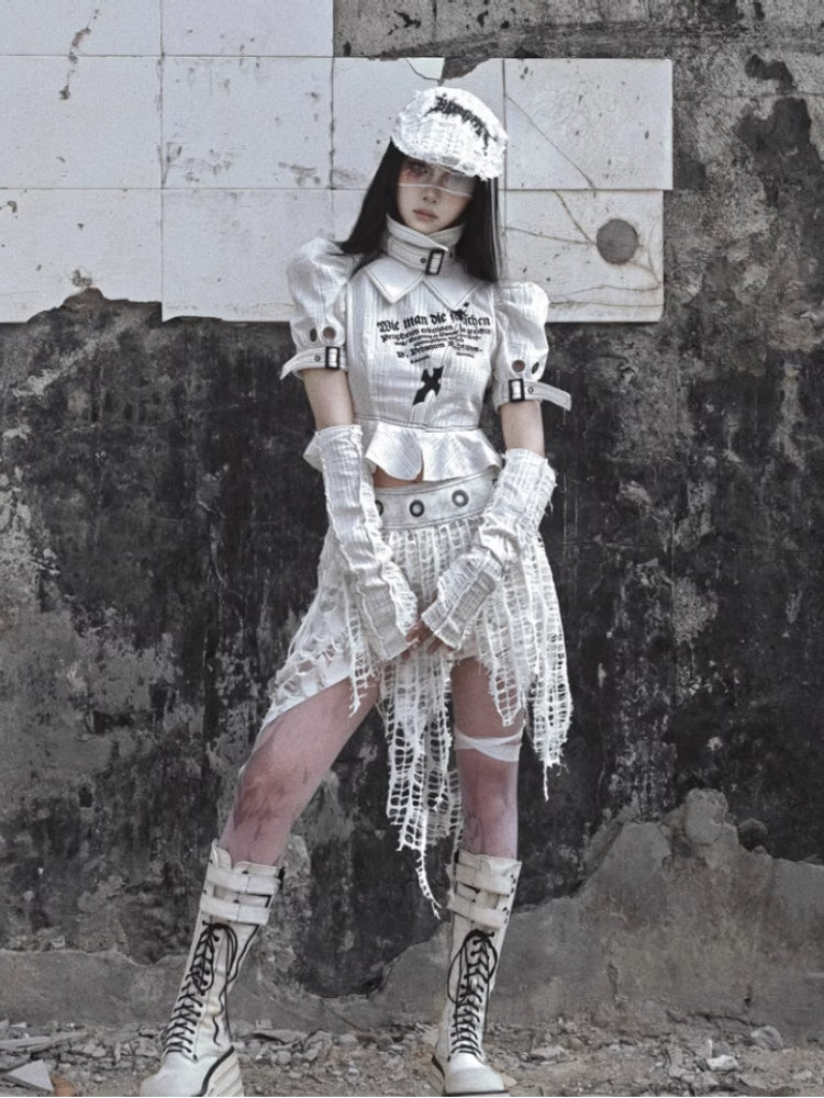 Punk Text Print Puff Sleeve Blouse With Straps and Ruffled Waist Detail