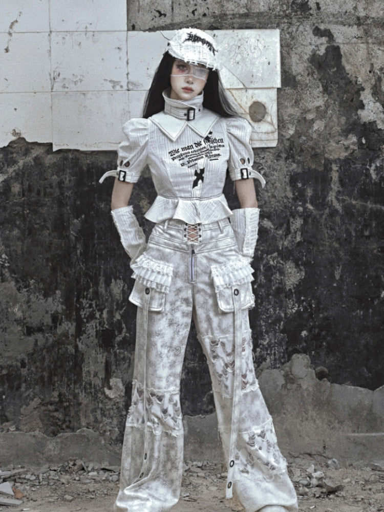 Punk Text Print Puff Sleeve Blouse With Straps and Ruffled Waist Detail
