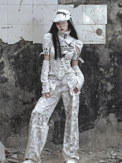 Punk Text Print Puff Sleeve Blouse With Straps and Ruffled Waist Detail