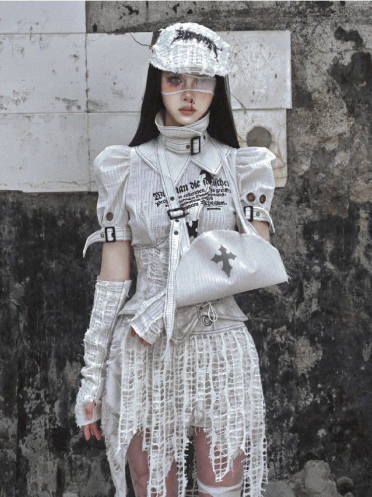 Punk Text Print Puff Sleeve Blouse With Straps and Ruffled Waist Detail
