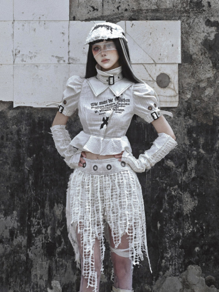 Punk Text Print Puff Sleeve Blouse With Straps and Ruffled Waist Detail