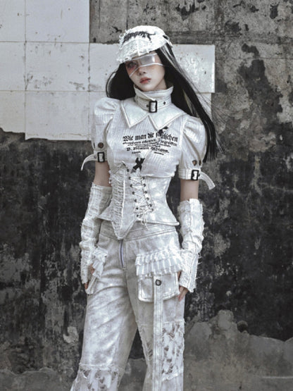 Punk Text Print Puff Sleeve Blouse With Straps and Ruffled Waist Detail