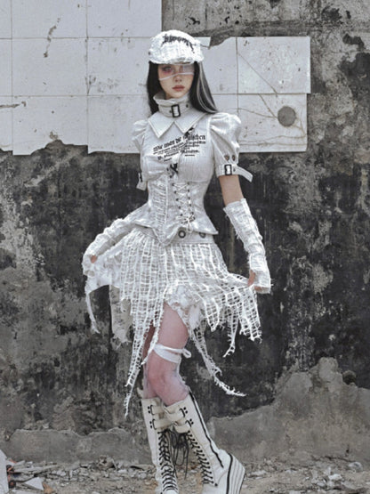 Punk Text Print Puff Sleeve Blouse With Straps and Ruffled Waist Detail