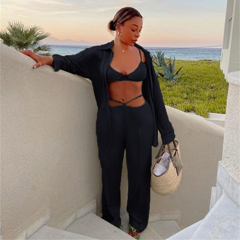 Wear Spring Summer Vacation Three Piece Suit Satin Shirt Vest Straight Leg Pants Suit