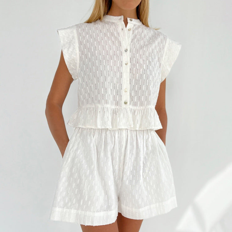 ��moq-5 Packs�� Summer Jacquard Short Sleeve Sense of Design Shirt Office Shorts Set for