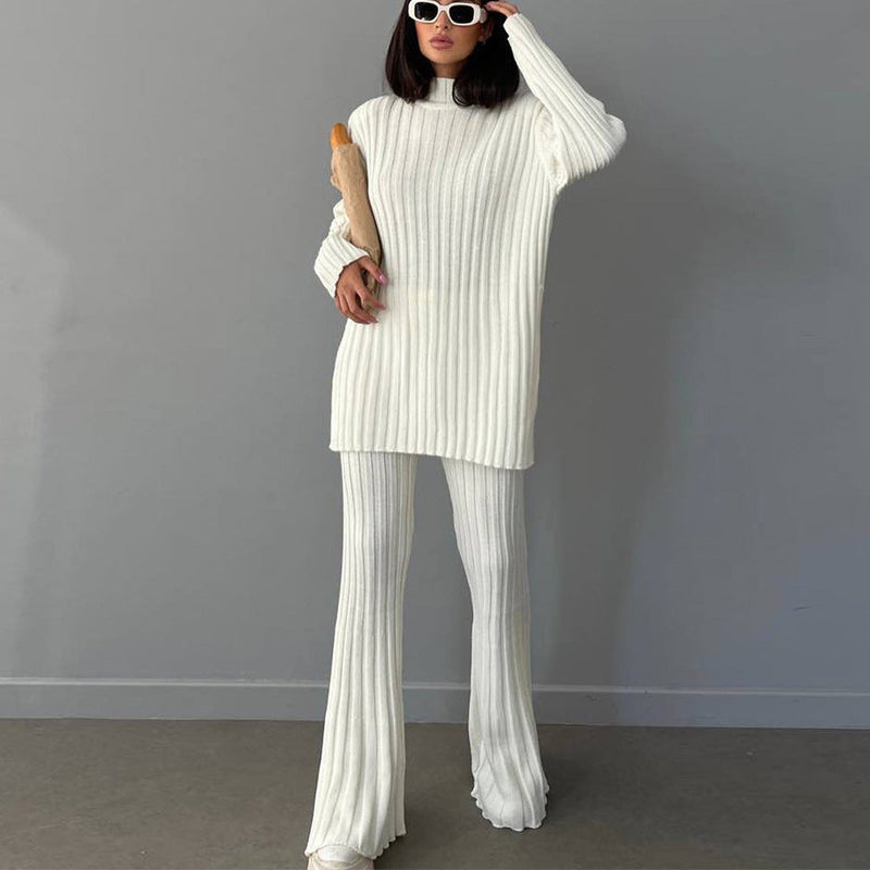 High Neck Ribbing Knitting Set Autumn Winter Pullover Sweater Pants Woolen Two Piece Set