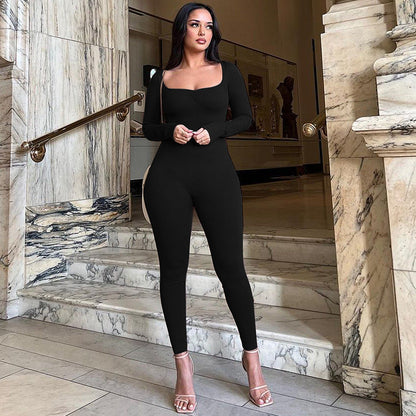 Winter Color Square Collar Pleated Long Sleeve Slim Fit Sports Yoga Jumpsuit