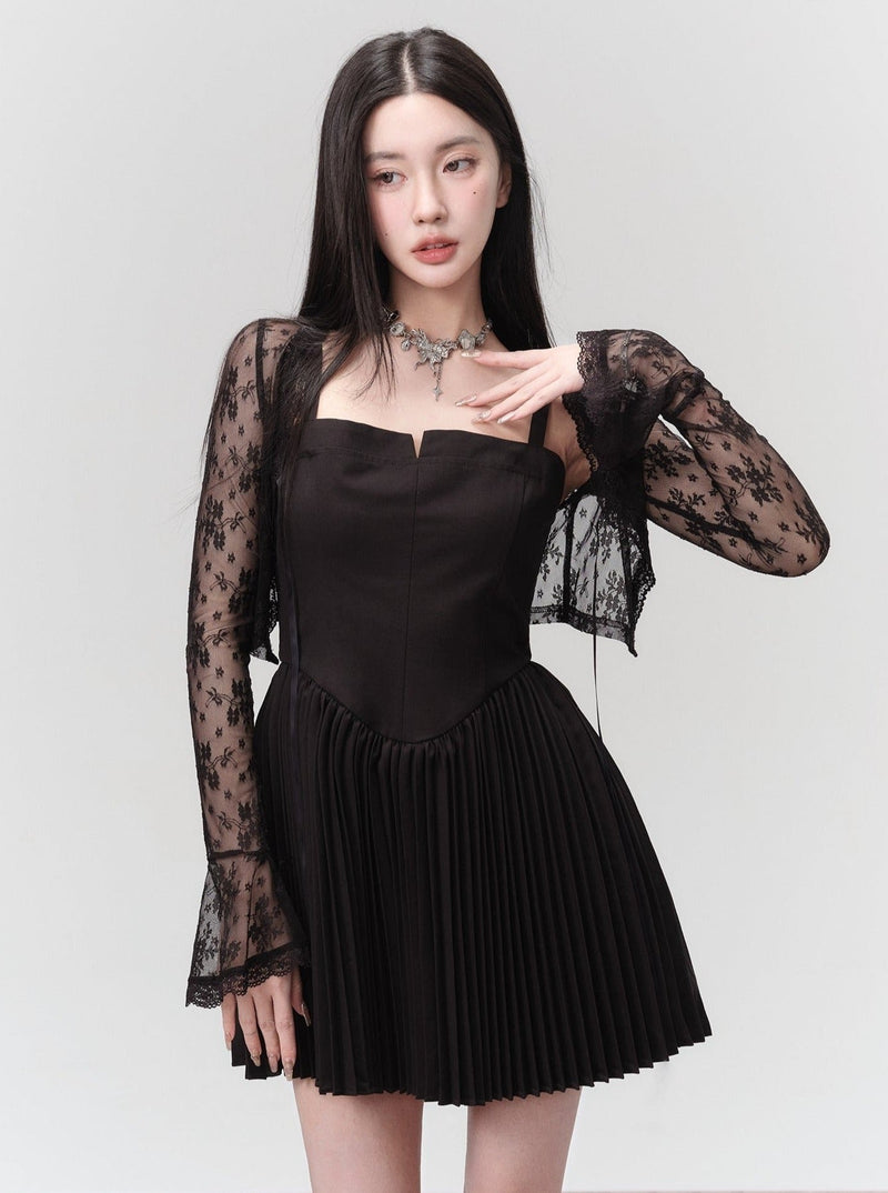 Black Pleated Mini Dress With Structured Bodice