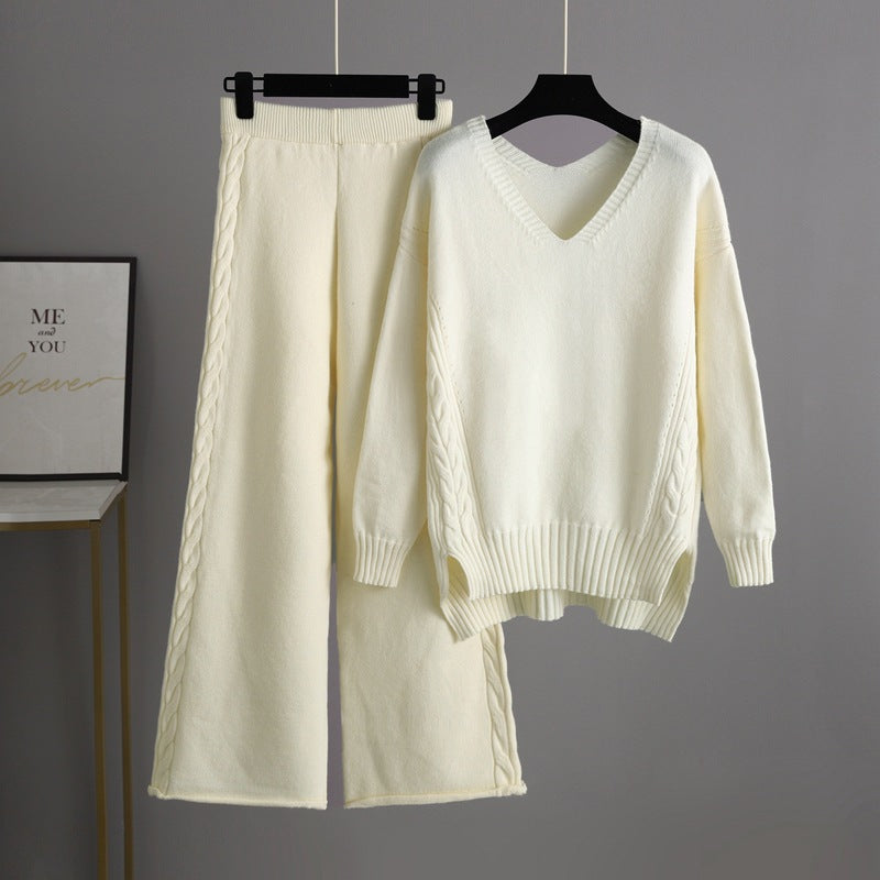 Knitted Wide Leg Pants Sweater Suit for Autumn Korean Loose Thick Twet