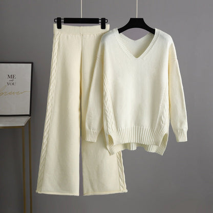 Knitted Wide Leg Pants Sweater Suit for Autumn Korean Loose Thick Twet