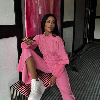 Color Hoodie Sets Round Neck Pullover Top Split Straight Pants Two Piece Sets