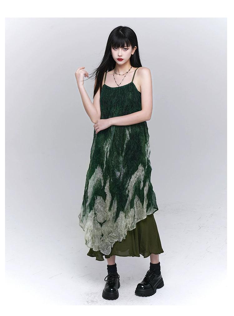 Ladyghost Forest Sprite Layered Maxi Dress - Green Ombre Tie-dye Slip Dress With Asymmetrical Hem