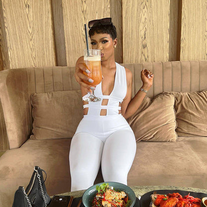 Summer Color Trousers Hollow Out Cutout Out Stitching High Waist Slimming Hip Raise Jumpsuit