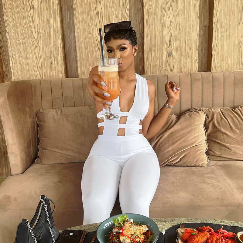 Summer Color Trousers Hollow Out Cutout Out Stitching High Waist Slimming Hip Raise Jumpsuit