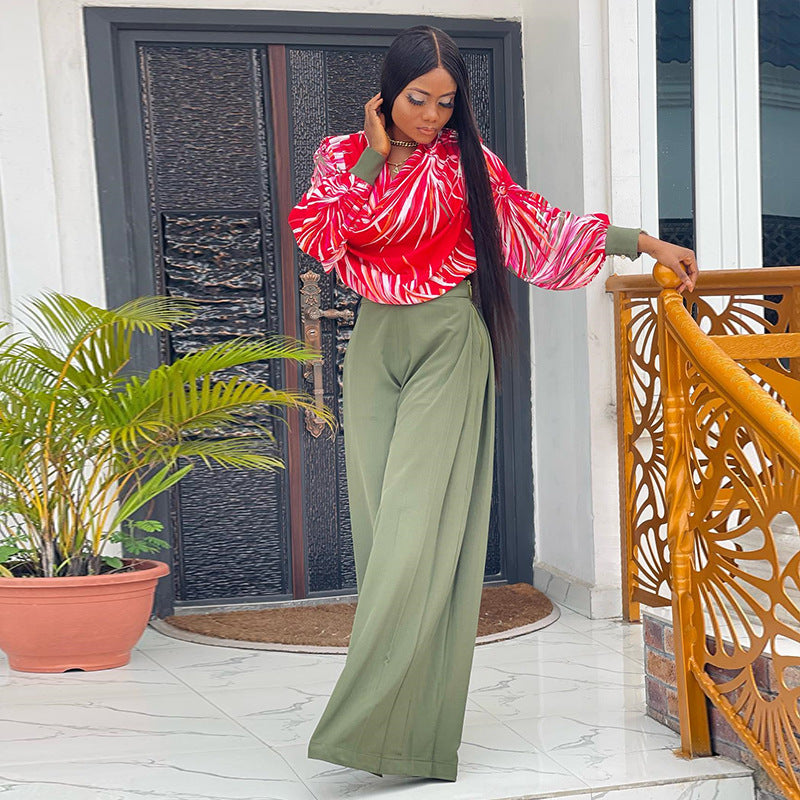 Clothing Spring Print Lantern Sleeve Shirt Wide Leg Work Pant Suit
