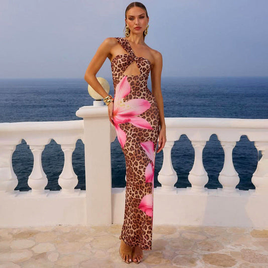 Autumn Leopard Print Hollow Out Cutout Out Socialite Maxi Dress Clothing