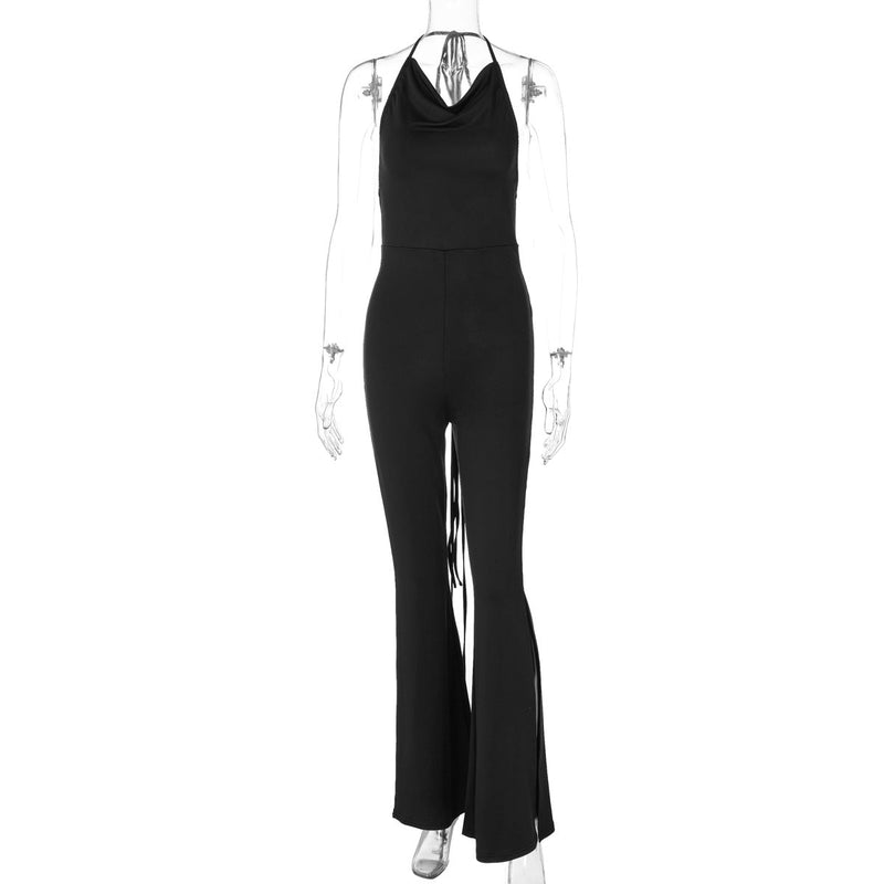 Clothing Summer Backless Fold Split Slim Fit Tied Jumpsuit