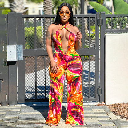 Wear Printed Cropped Halter Backless Jumpsuit