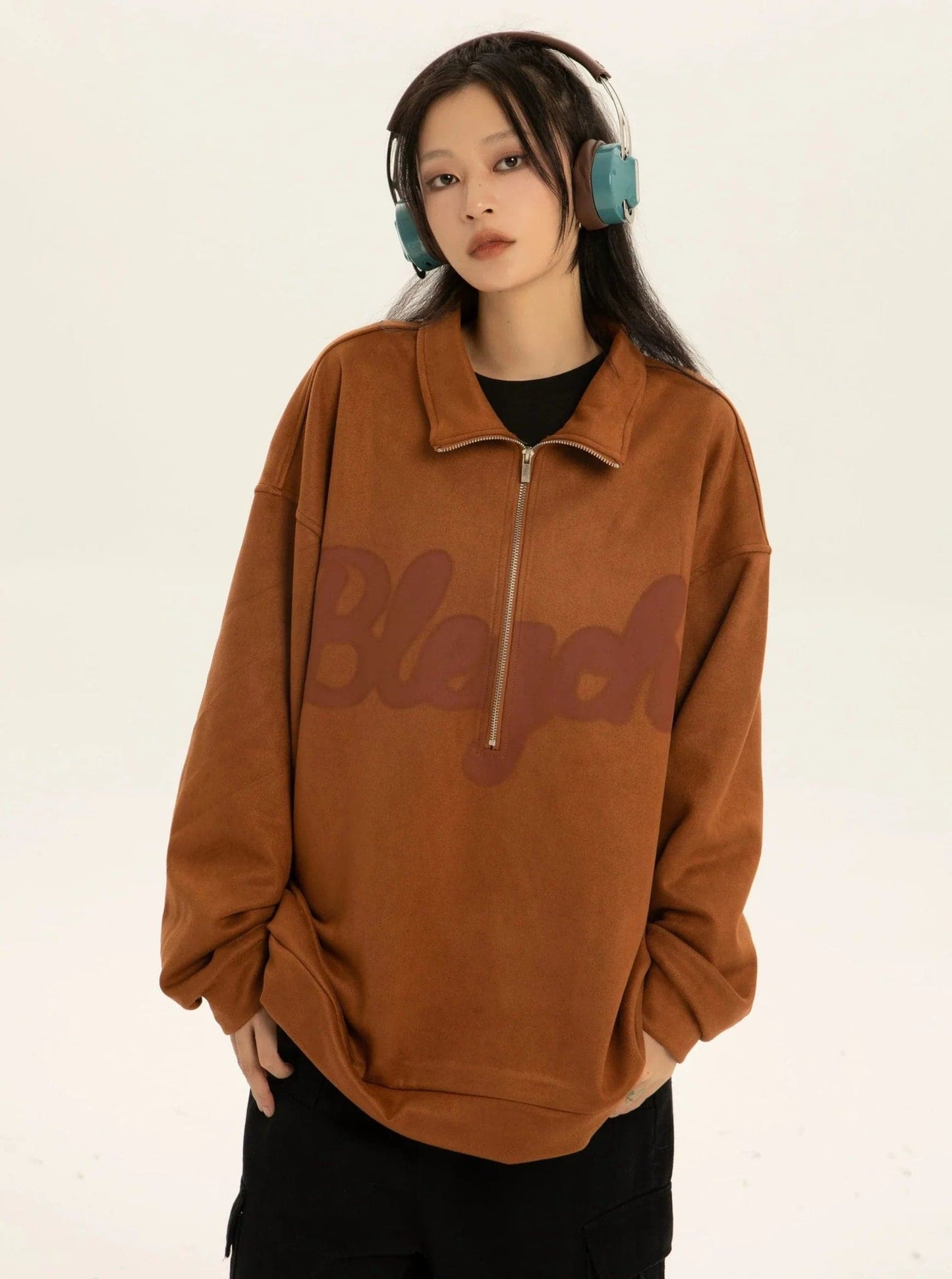 Oversized Suede Sweatshirt With Zipper Polo Collar