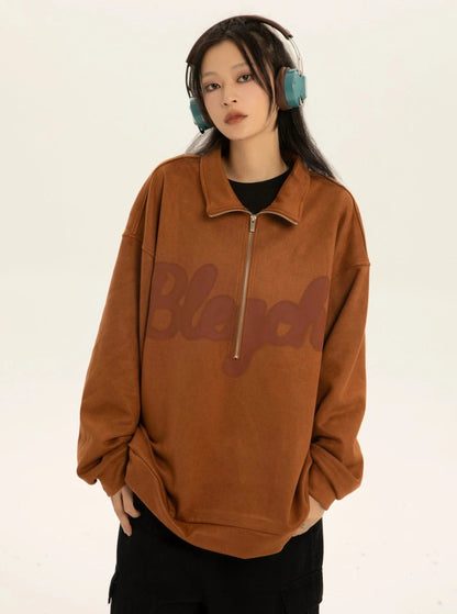 Oversized Suede Sweatshirt With Zipper Polo Collar