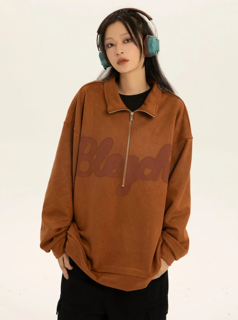 Oversized Suede Sweatshirt With Zipper Polo Collar