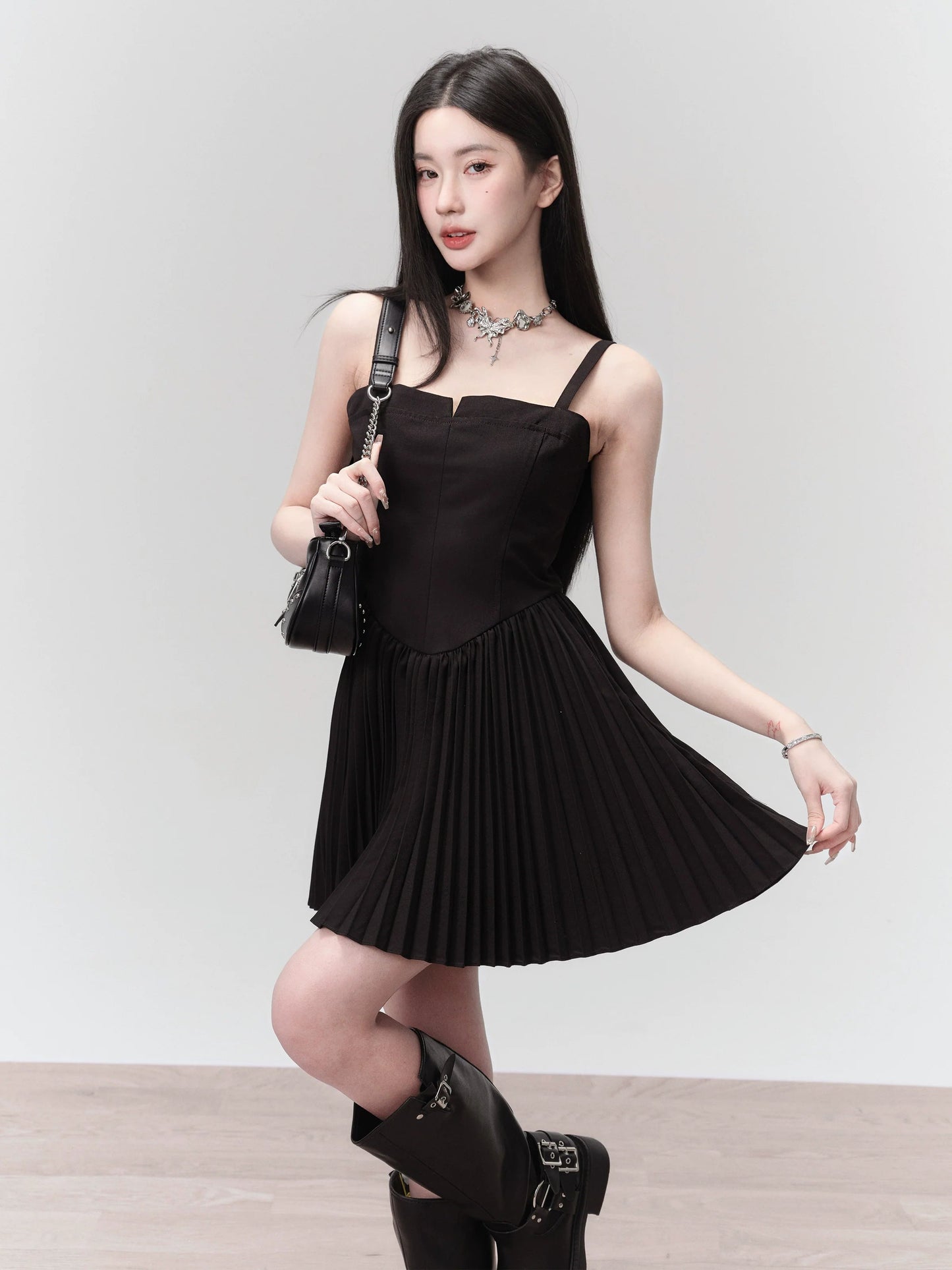 Black Pleated Mini Dress With Structured Bodice