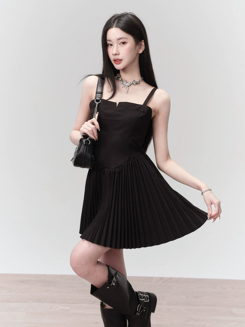 Black Pleated Mini Dress With Structured Bodice