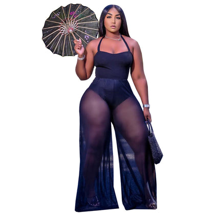 Clothing Color Double Sided Fabric Stitching Strap Halter Jumpsuit Woman Loose