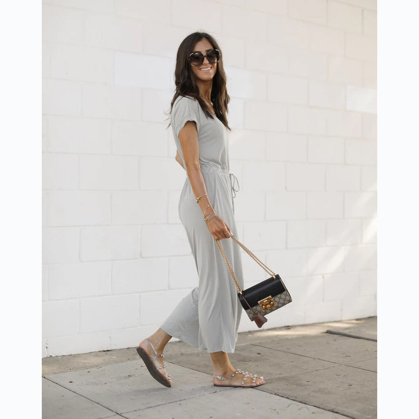 Spring Summer Elastic Waist V Neck Wide Leg Jumpsuit for