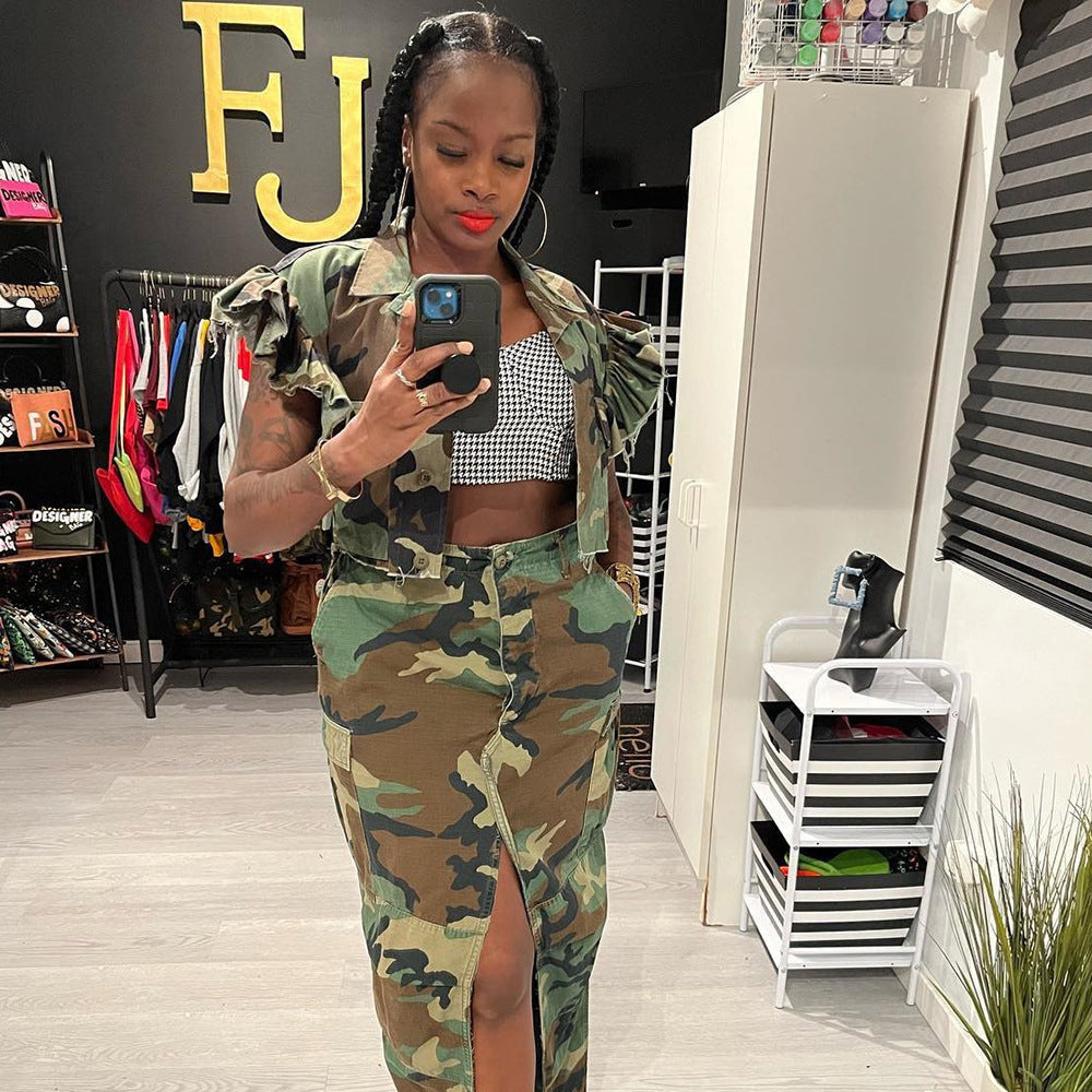 Camouflage Clothing Flounce Sleeve Pocket Personalized Cardigan Outdoor Short Sleeve Coat