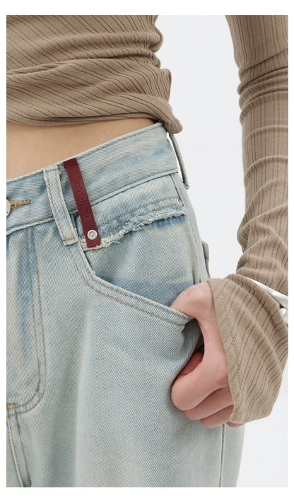 Light Blue Loose Straight Wide-leg Denim Pants With Embroidery Design