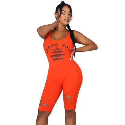 Summer Clothing Sports Printed Hollow-out Ripped for Romper