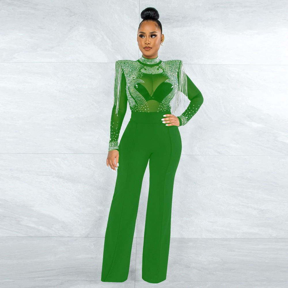 Slim Fit Turtleneck See Through Rhinestone Tassel Jumpsuit