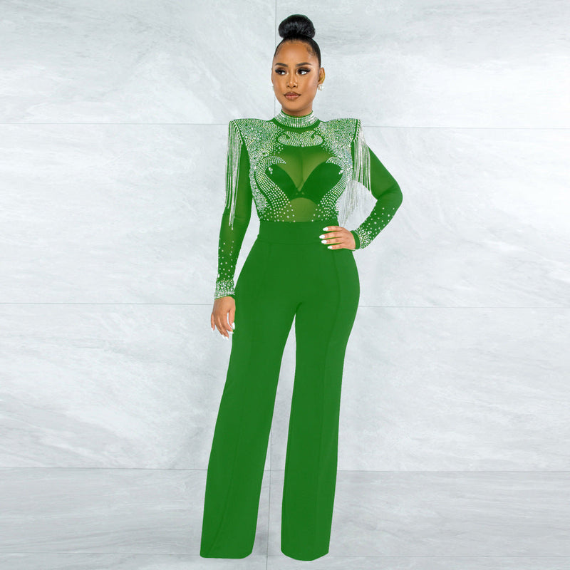 Slim Fit Turtleneck See Through Rhinestone Tassel Jumpsuit