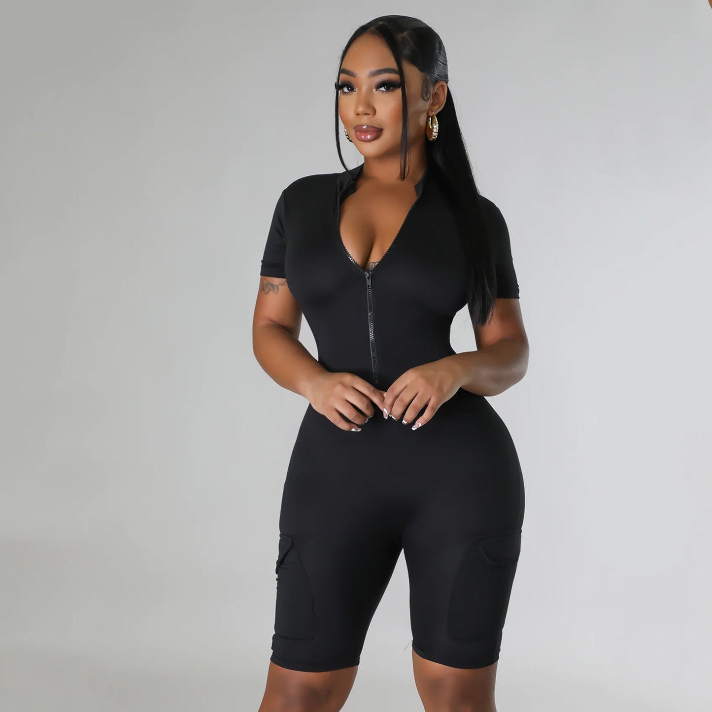 Summer Clothing Tight Short Sleeve Color Jumpsuit for