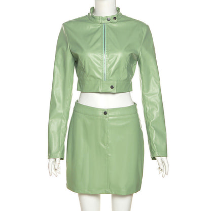 Clothing Autumn Winter Long Sleeve Cropped Zipper Coat Sheath Faux Leather Suit