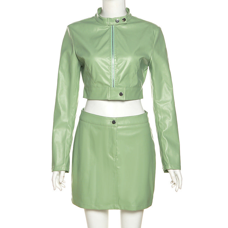 Clothing Autumn Winter Long Sleeve Cropped Zipper Coat Sheath Faux Leather Suit