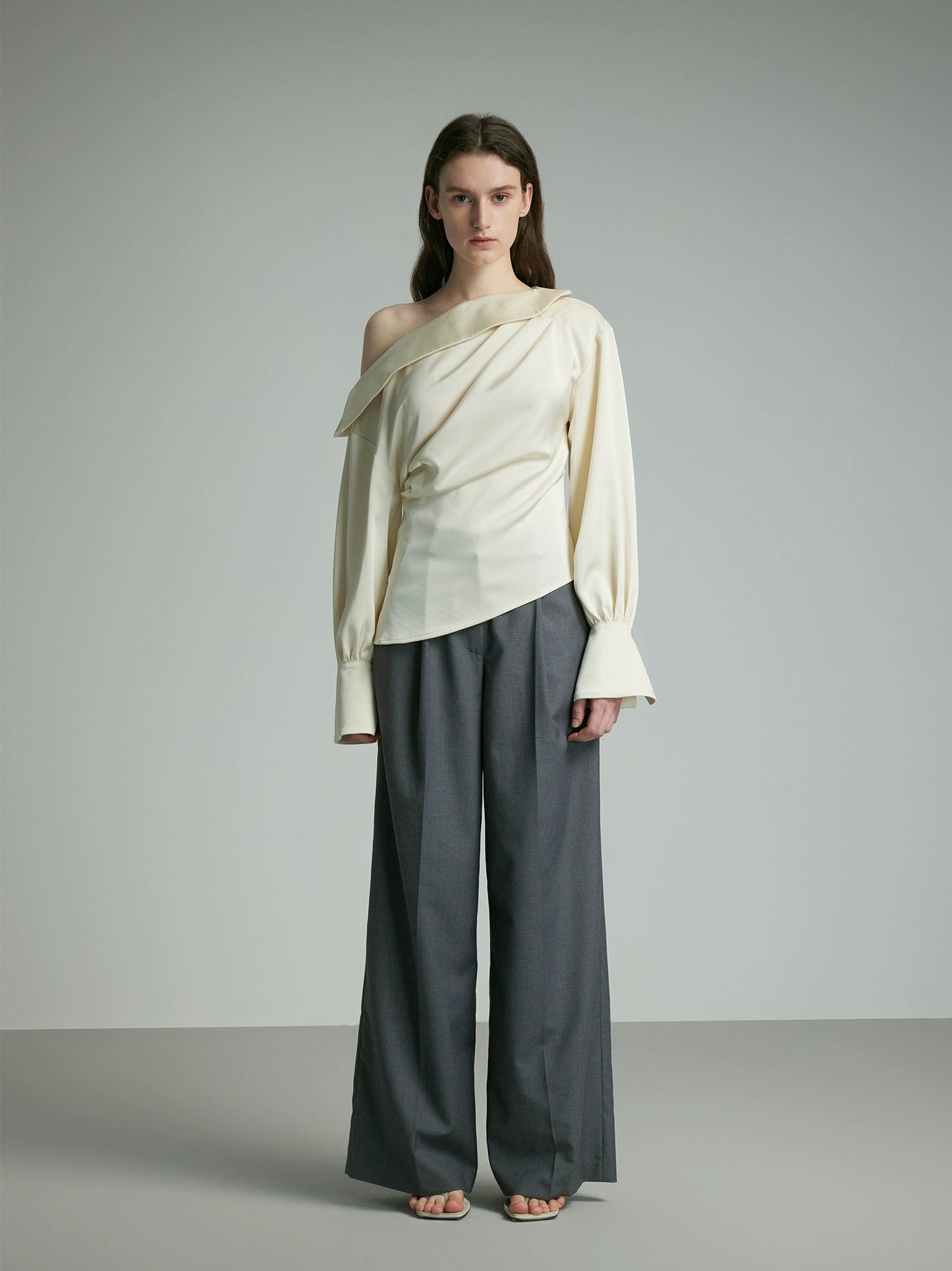 Ivory Draped Balloon Sleeve Blouse