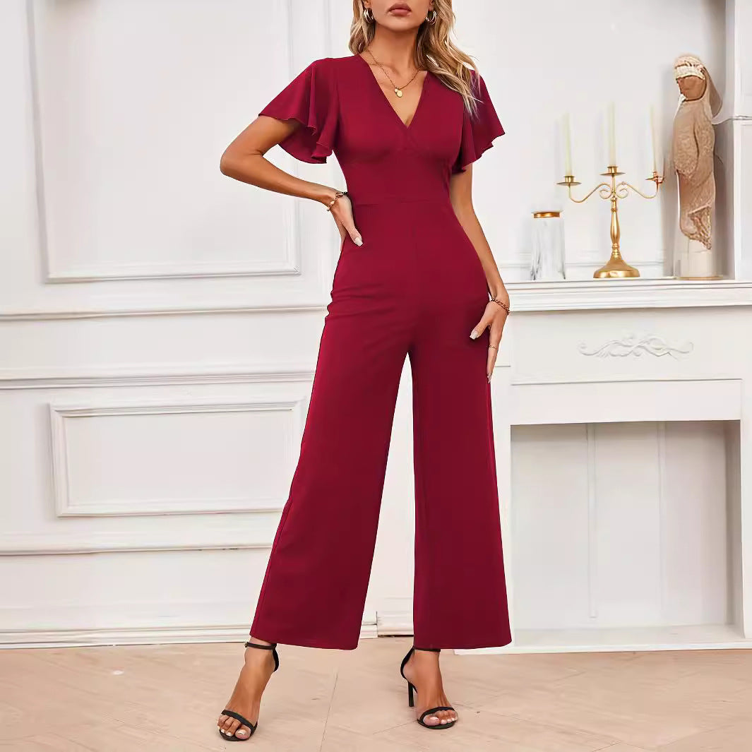 Ruffled Flying Sleeves Sleeveless Straight Leg Pants Stretch Knitted Wide Leg Jumpsuit High Grade Clothing