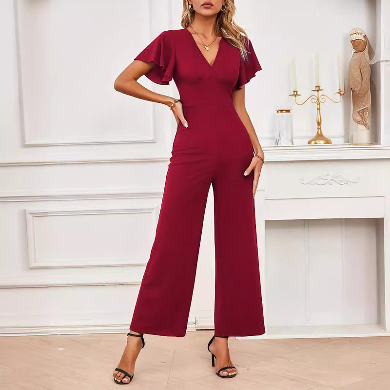 Ruffled Flying Sleeves Sleeveless Straight Leg Pants Stretch Knitted Wide Leg Jumpsuit High Grade Clothing