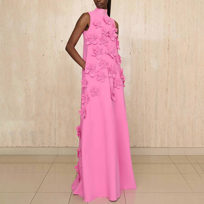 Stand Collar Sleeveless Color Dress Three Dimensional Collage Design Maxi Dress