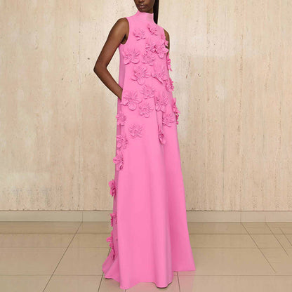 Stand Collar Sleeveless Color Dress Three Dimensional Collage Design Maxi Dress