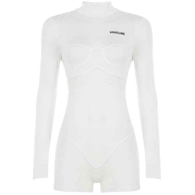 Street Mesh Stitching One Piece Short Half Turtleneck Tight Long Sleeve Narrow Jumpsuit