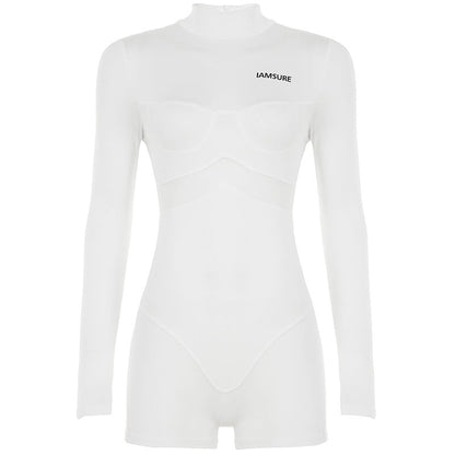 Street Mesh Stitching One Piece Short Half Turtleneck Tight Long Sleeve Narrow Jumpsuit