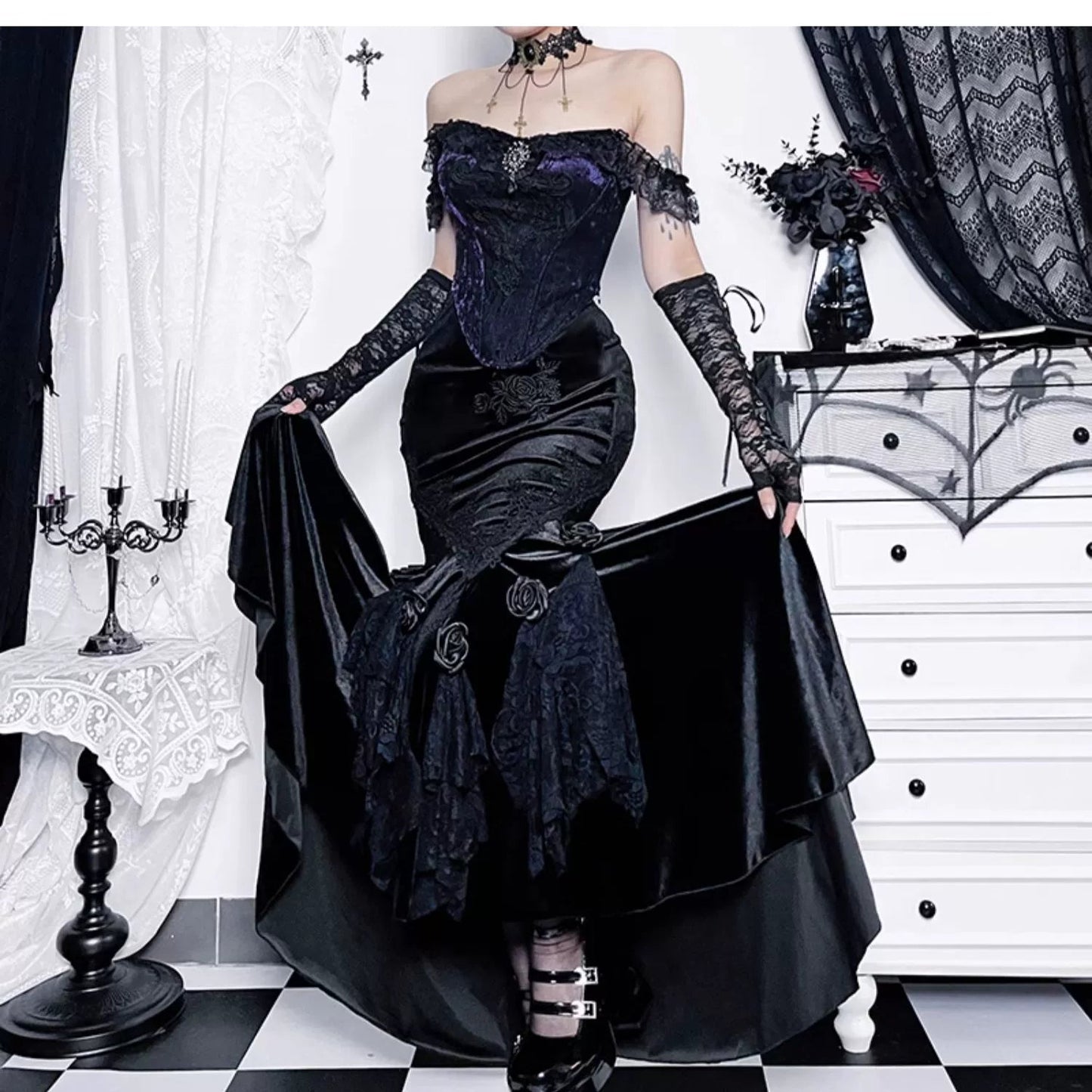 Wannathis Gothic Velvet Ensemble - Off-shoulder Lace Bodysuit With Mermaid Maxi Skirt