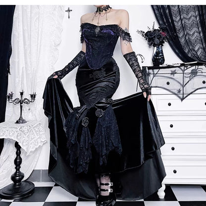 Wannathis Gothic Velvet Ensemble - Off-shoulder Lace Bodysuit With Mermaid Maxi Skirt