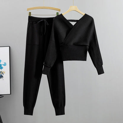 Socialite Outfit Autumn Short Shoulder Baring Sweater Top Ankle Tied Trousers Two Piece Set