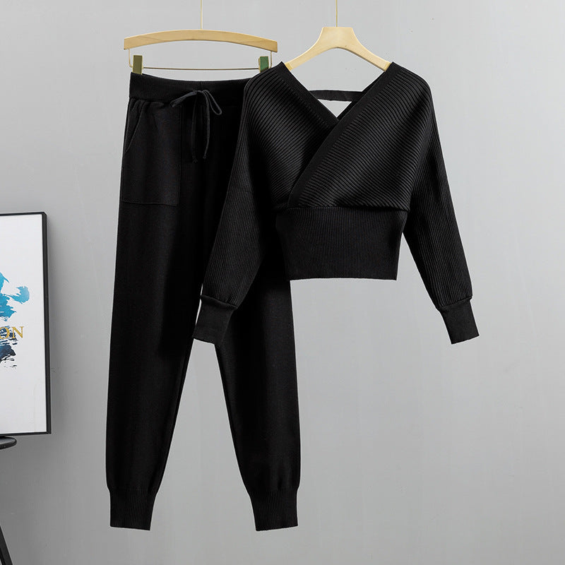 Socialite Outfit Autumn Short Shoulder Baring Sweater Top Ankle Tied Trousers Two Piece Set